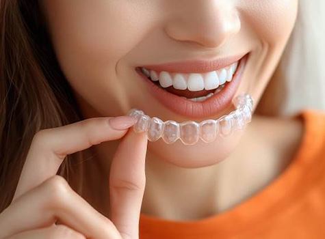 Woman holding clear aligner close to her mouth