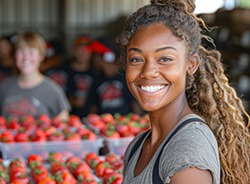 Closeup of woman smiling at food pantry